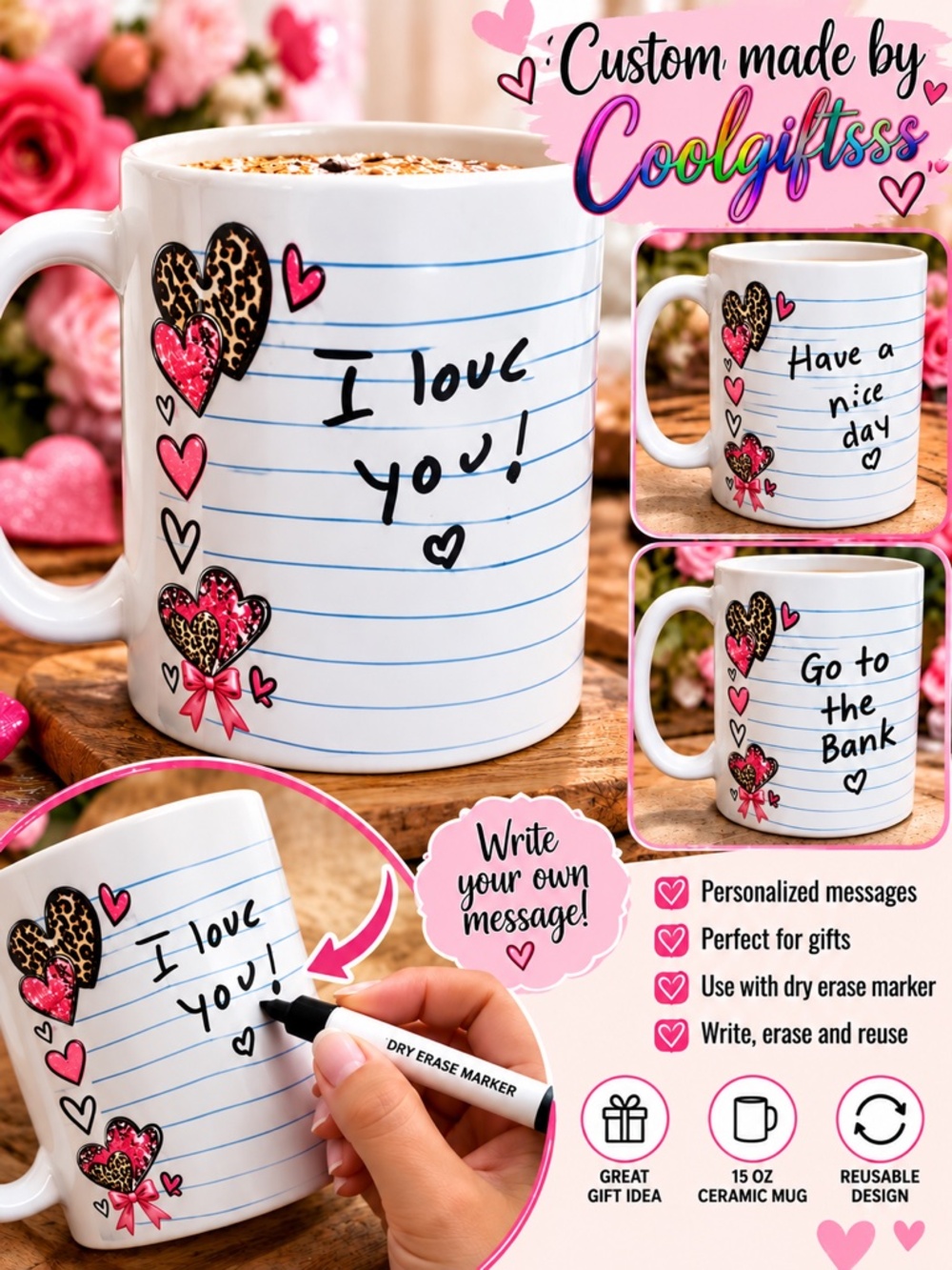 Personalized Dry Erase Message Mug 30– 15 oz Ceramic | Write, Erase & Reuse | Cu